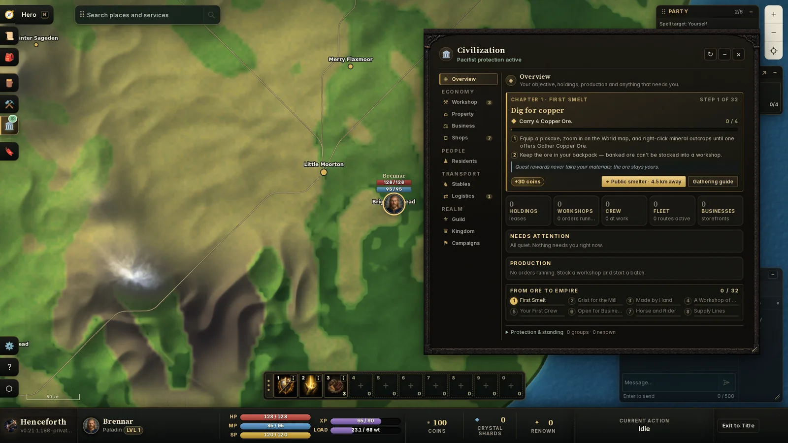 The Civilization window tracking holdings, workshops, crew and the From Ore to Empire path.