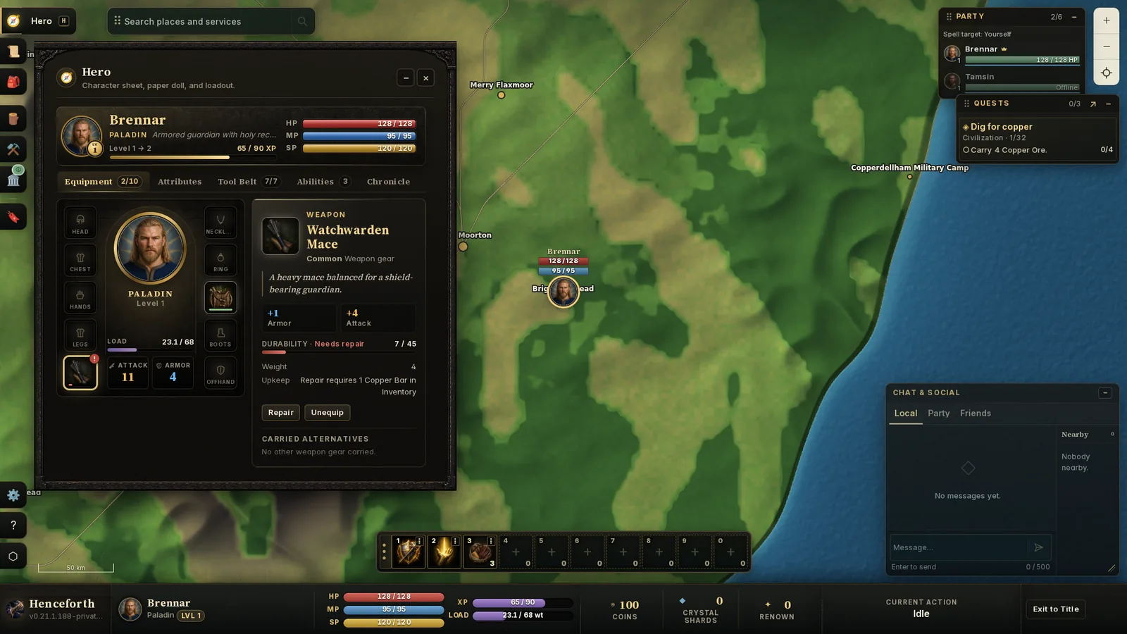 The Hero window showing a paladin's equipment, attack and armor.